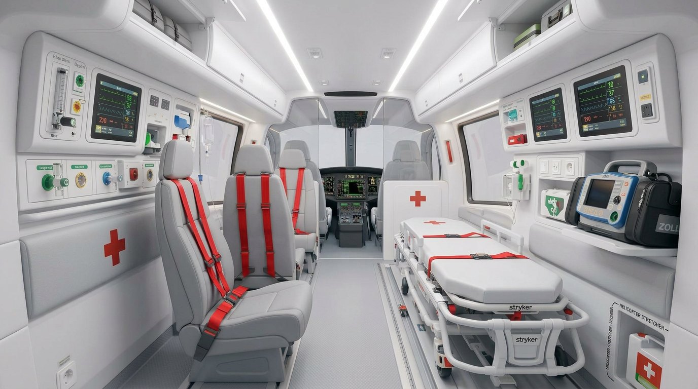 Clinicians delivering telemedicine-supported critical care inside an air ambulance cabin