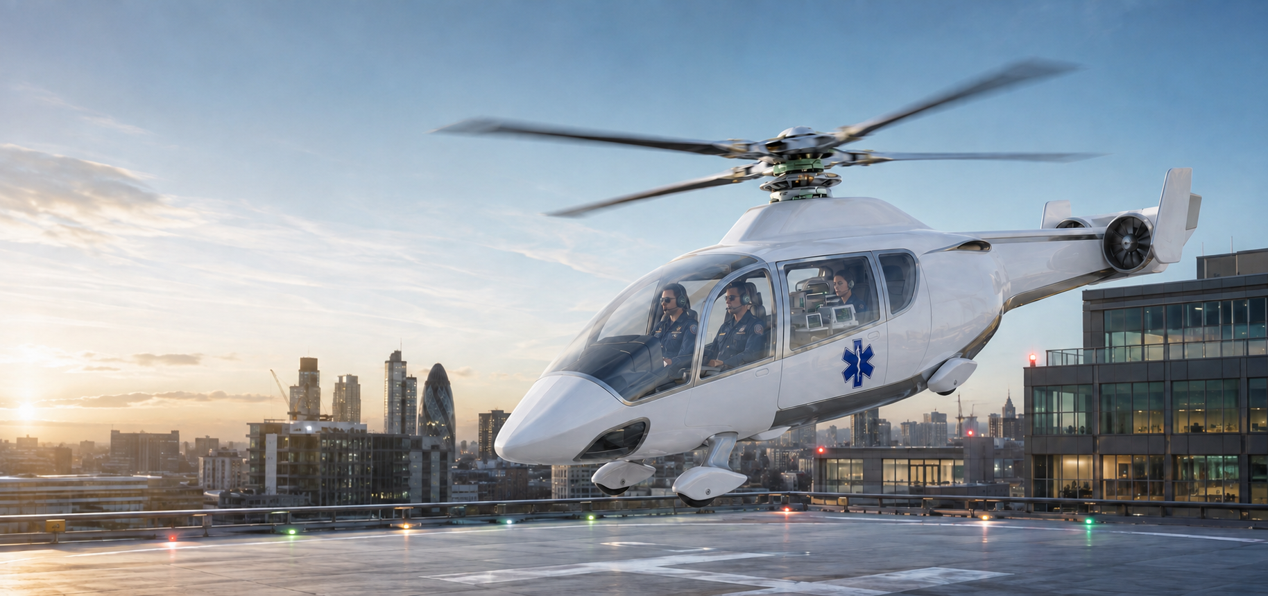 Avectra 101 approaching a city hospital helipad